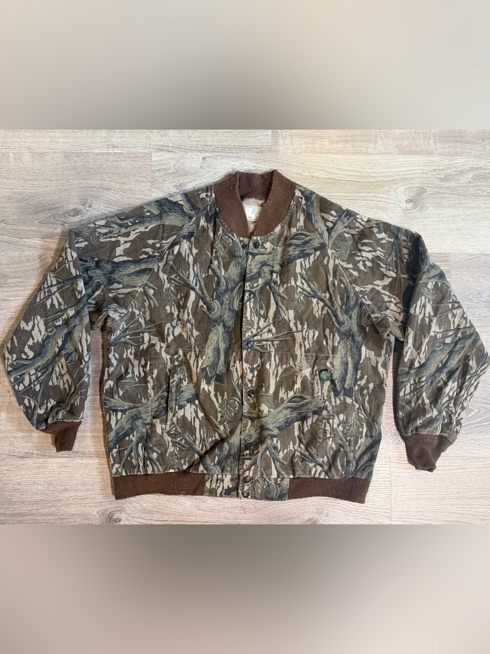 Vintage Mossy Oak Camo Bomber Jacket Hunting Flannel Feel Snap Front USA
